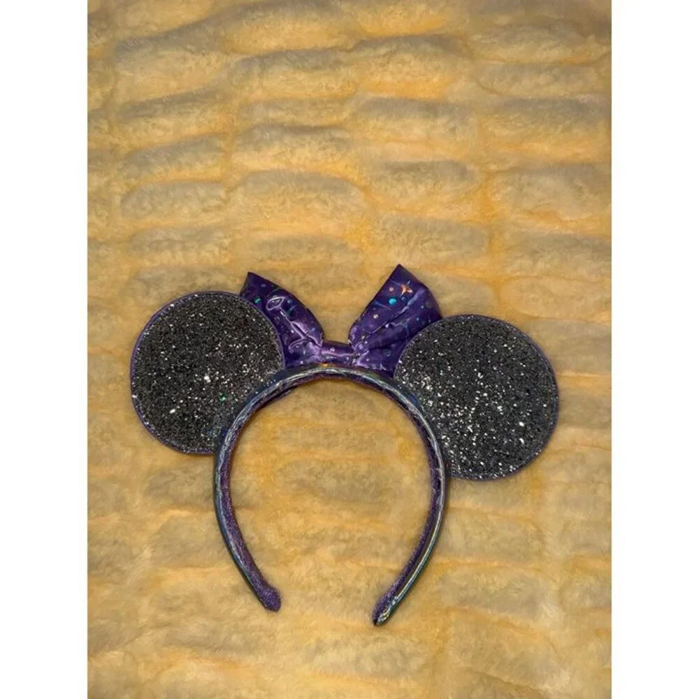 Disney Minnie Mouse Ears Headband Purple Black Glitter Bow Mickey Ears - Picture 2 of 2